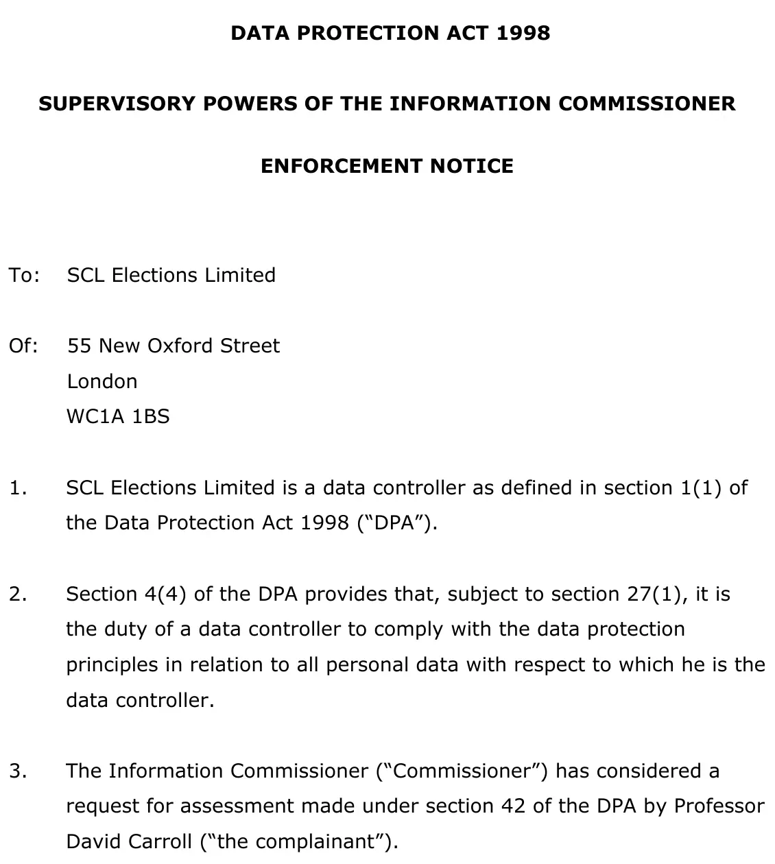 英國資訊專員辦公室執行通知首頁,標題為 Enforcement Notice,收件人是 SCL Elections Limited,第 3 段寫到 Professor David Carroll 提出的申訴