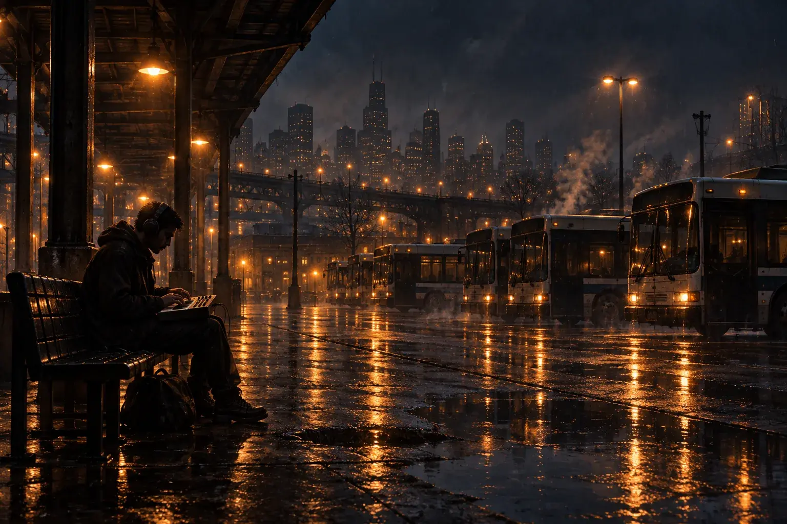 雨夜的公車總站，一排發光的公車停著，音樂人戴著耳機坐在長椅上彈奏隨身合成器