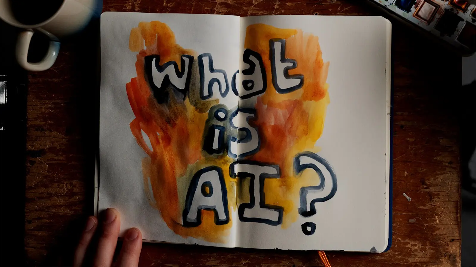 《The AI Doc》官方宣傳圖:一本手繪筆記本上寫著 What is AI?