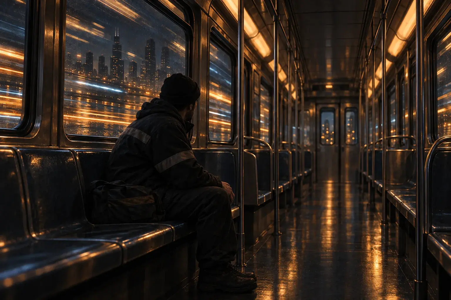 深夜空蕩的捷運車廂裡,一位夜班工作者坐著,窗外城市燈光拉成光軌